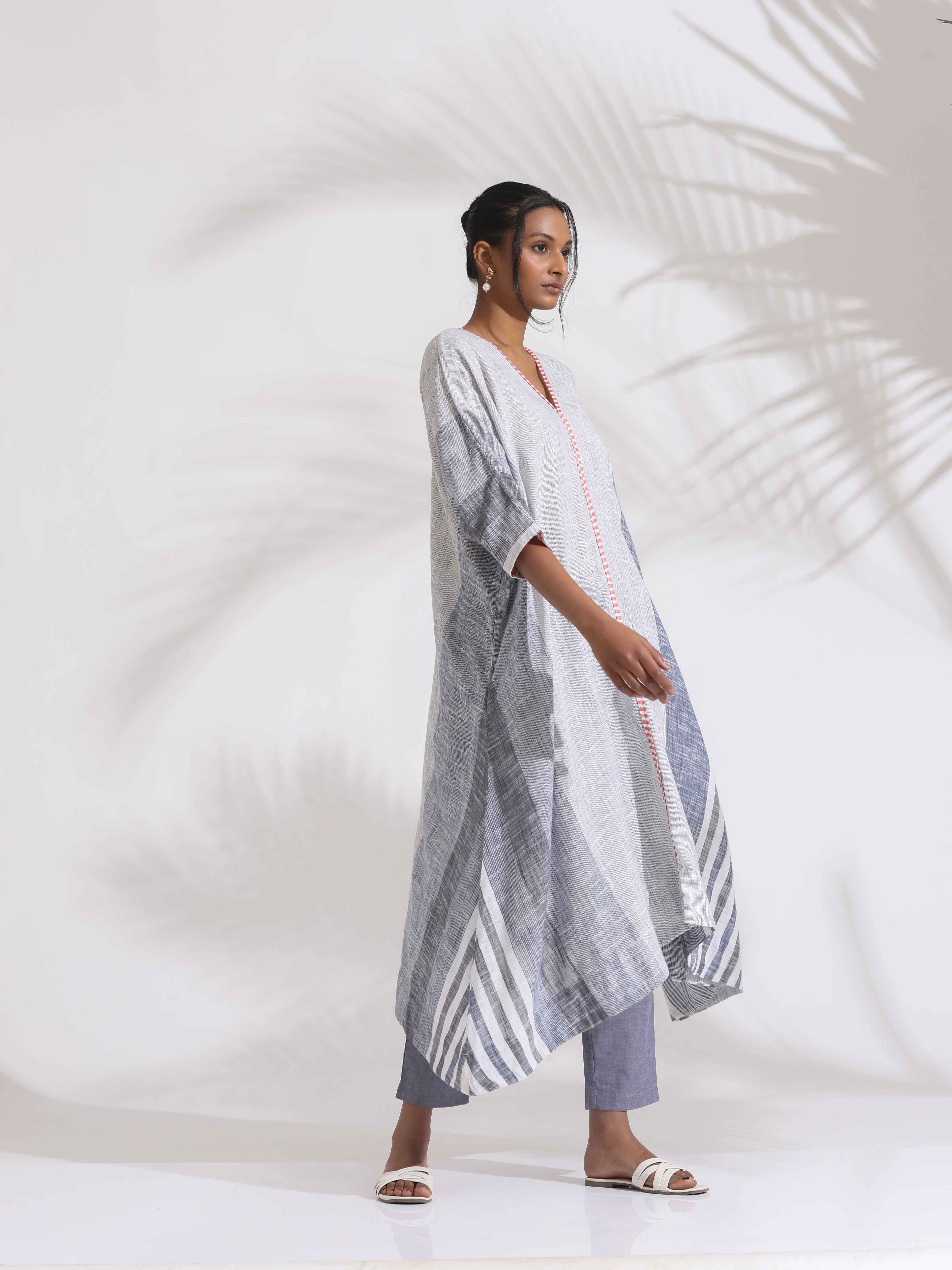 trueBrowns Off-White Cotton Multi Stripe Flared Kurta Set - Distacart