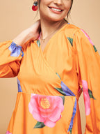 InWeave Women's Haldi Yellow Pink Mauve Flower Belted Dress - Distacart
