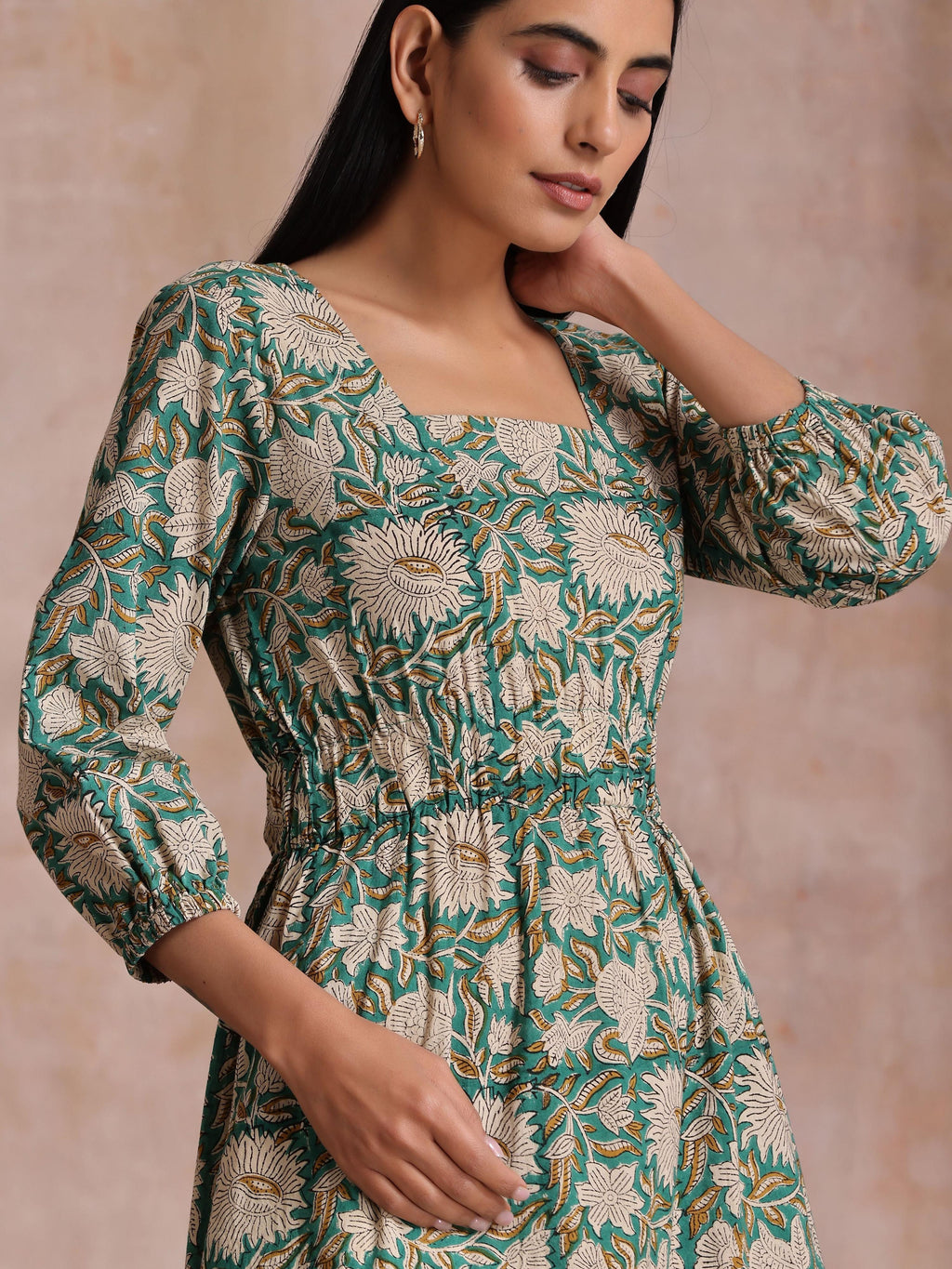 trueBrowns Fern Green Overall Floral Block Print Cotton Square Neck Dress - Distacart