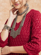 InWeave Women's Maroon Chikankari Long Anarkali Kurta Sharara Set