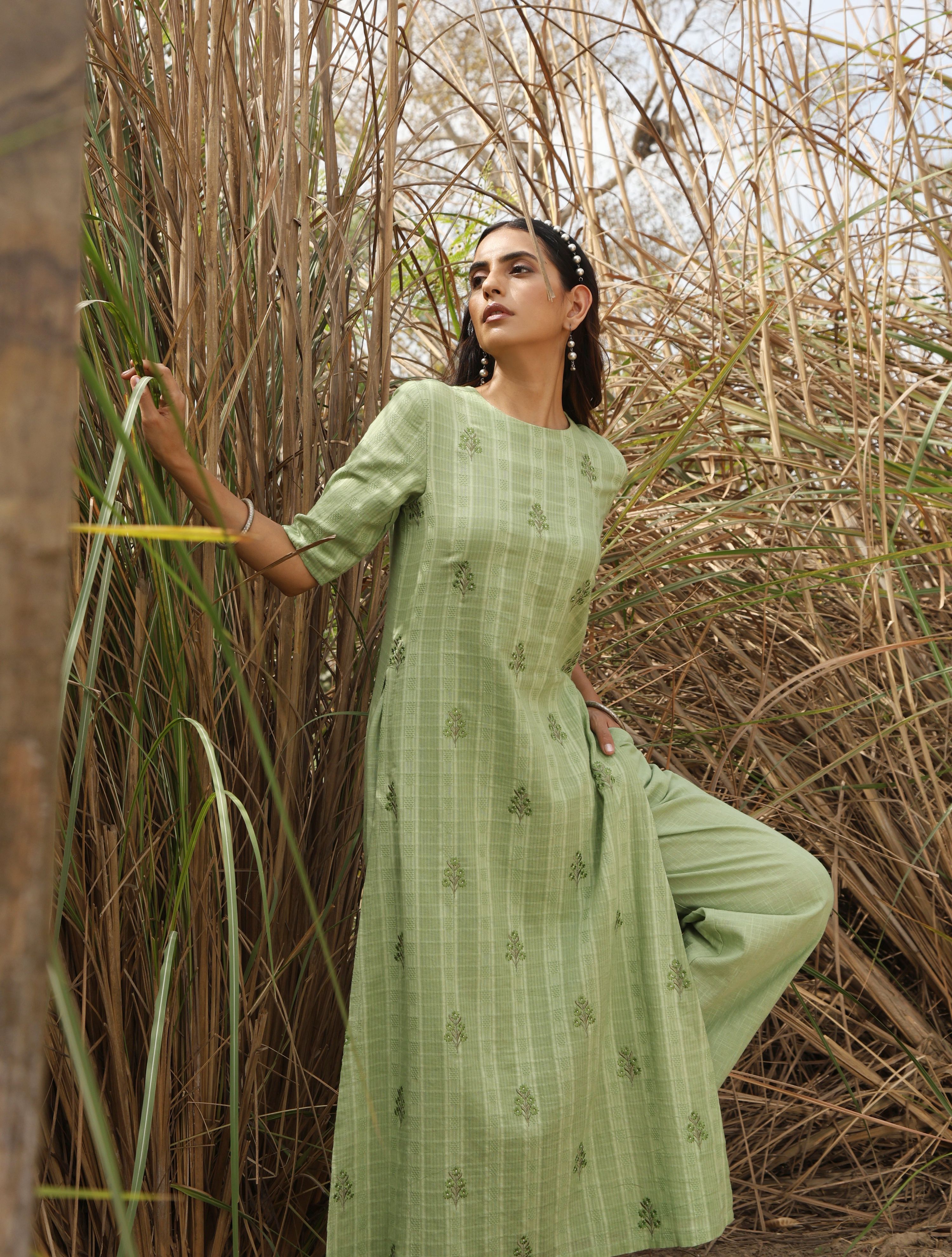 trueBrowns Green Cotton Dobby Embroidered Kurta Set - Distacart