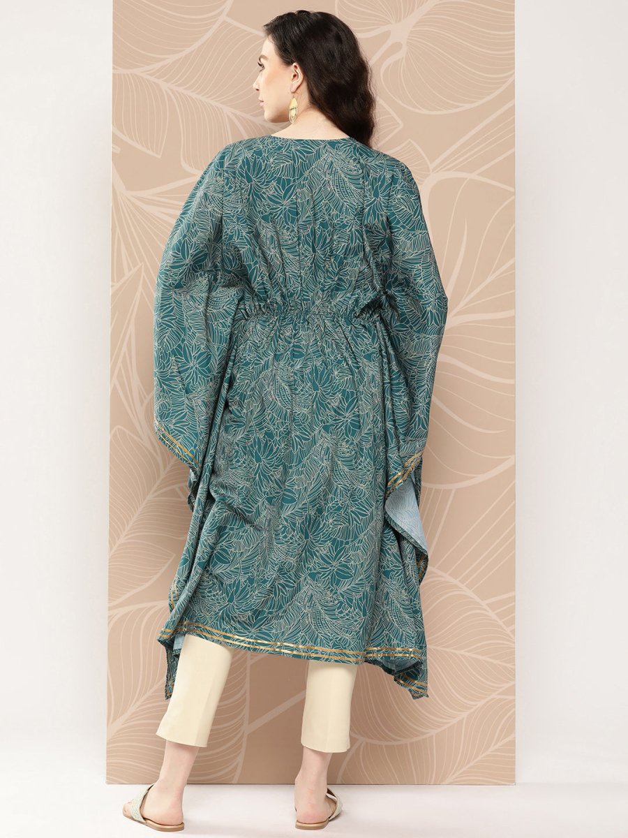 Ahalyaa Women Floral Printed Flared Sleeves Patchwork Belted Detail Crepe Kaftan Kurta - Distacart