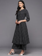 KSUT (House of Varanga) Black And White Cotton Printed Anarkali Kurta Paired With Palazzo And Chiffon Dupatta - Distacart