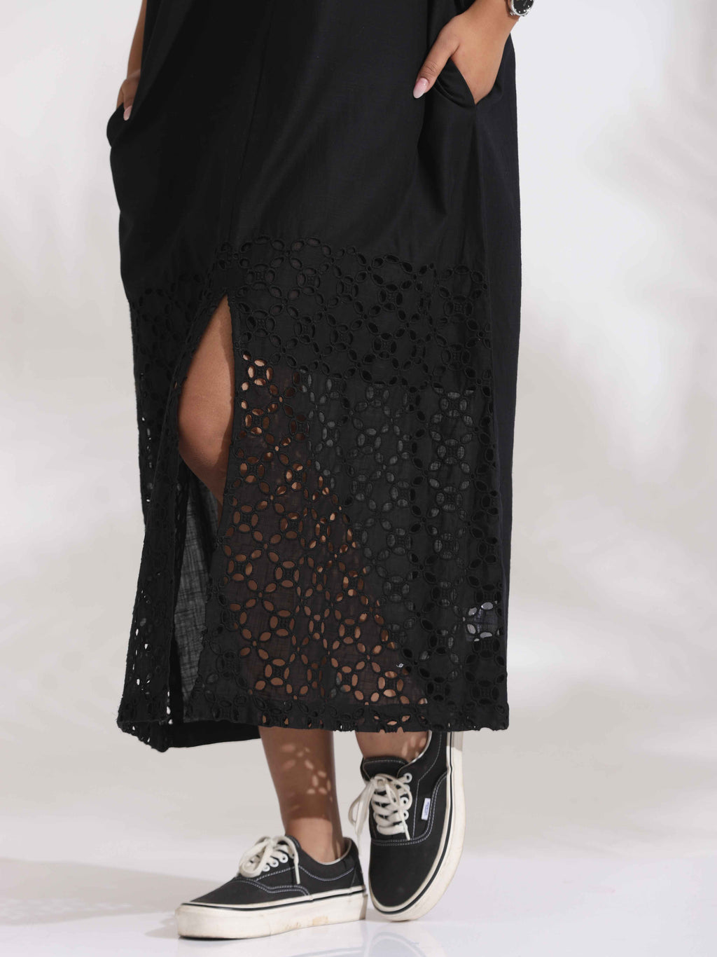 trueBrowns Black Cotton Schiffli Slit Dress - Distacart