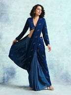 trueBrowns Blue Embroidered Velvet Blouse