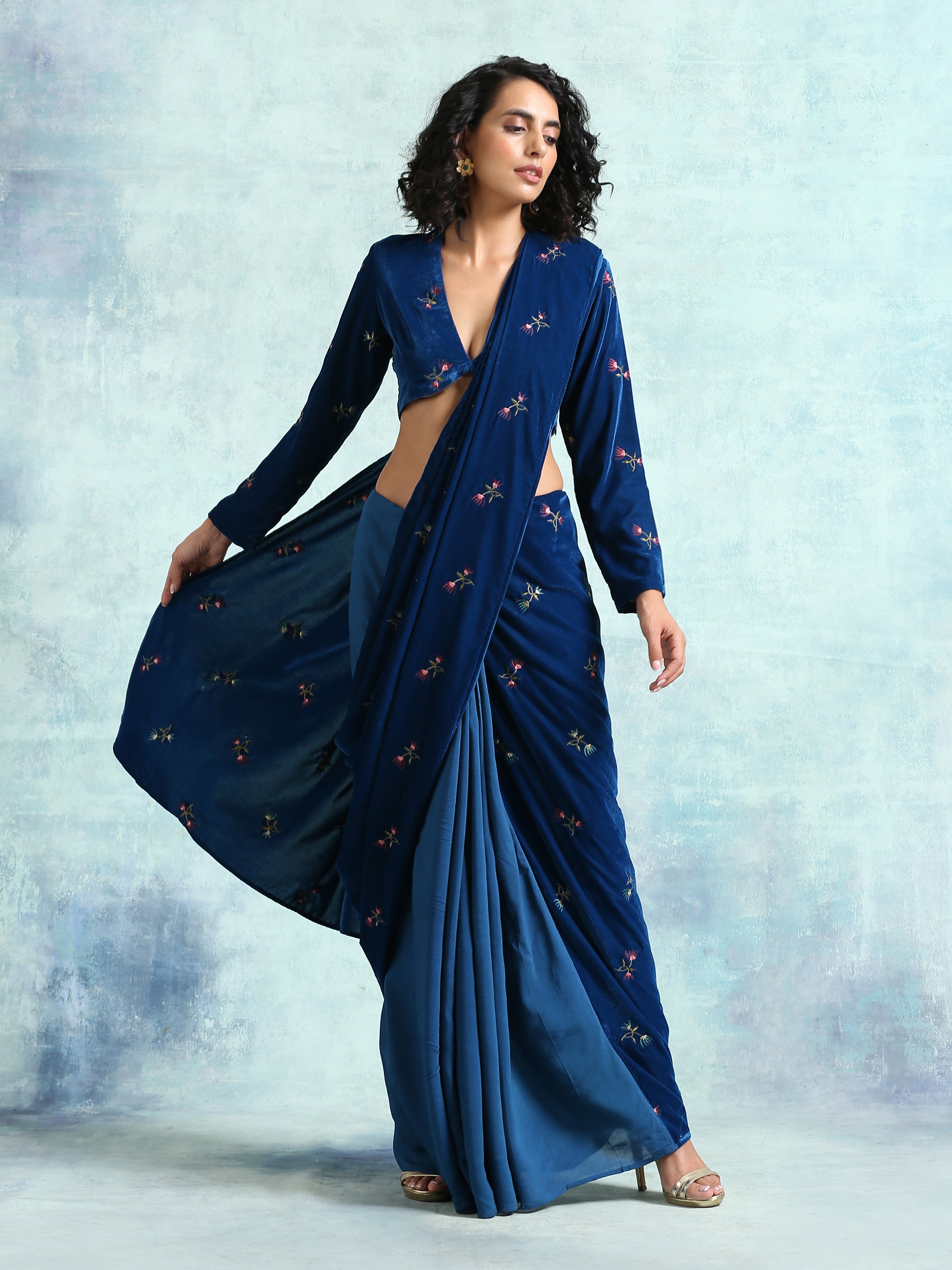 trueBrowns Blue Embroidered Velvet Blouse