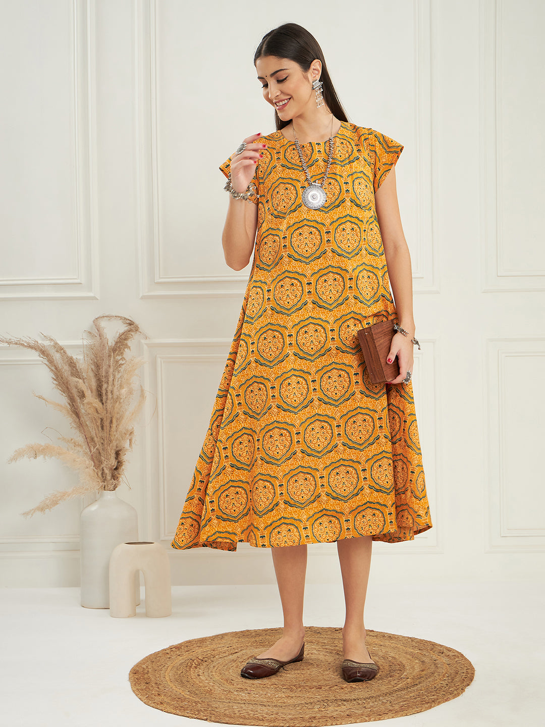 InWeave Women's Haldi Yellow Mughal Kalamkari A Line Dress - Distacart