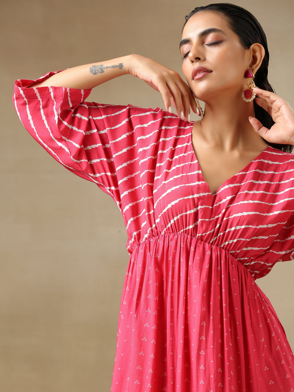 trueBrowns Pink Bandhani Printed Silk Drop Shoulder Dress - Distacart