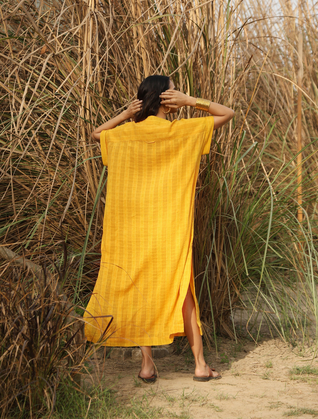 trueBrowns Mustard Cotton Dobby Oversized Dress - Distacart