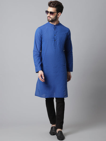 Even Apparels Blue Solid Kurta With Band Collar
