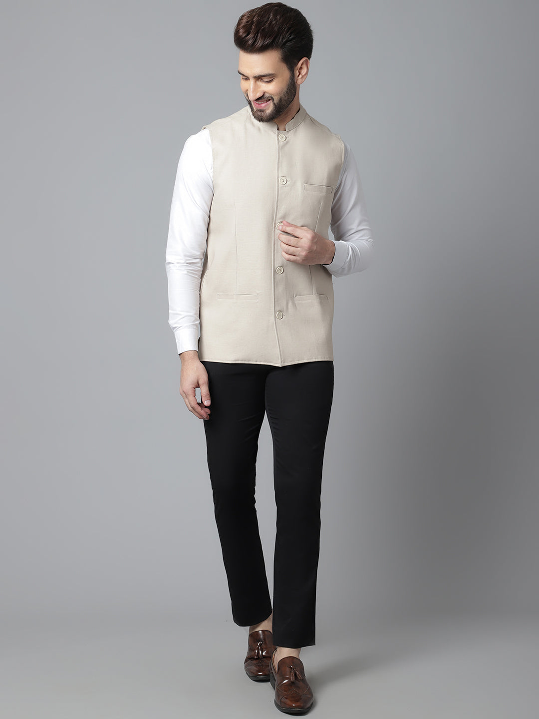 Even Apparels Men's Cream Nehru Jacket With Welt Pockets