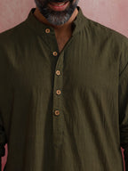 trueBrowns Men's Olive green Mandarin Collar Kurta