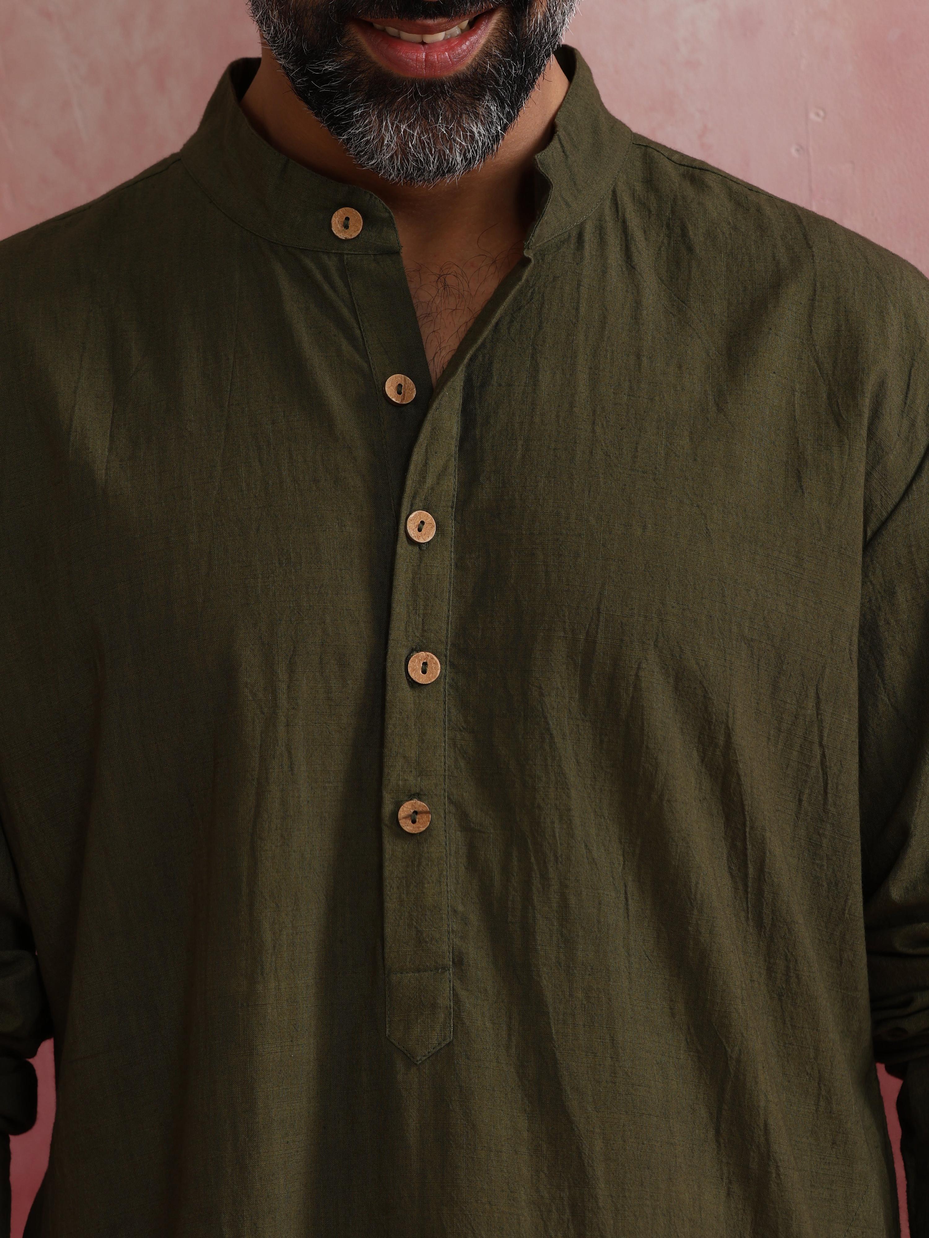 trueBrowns Men's Olive green Mandarin Collar Kurta