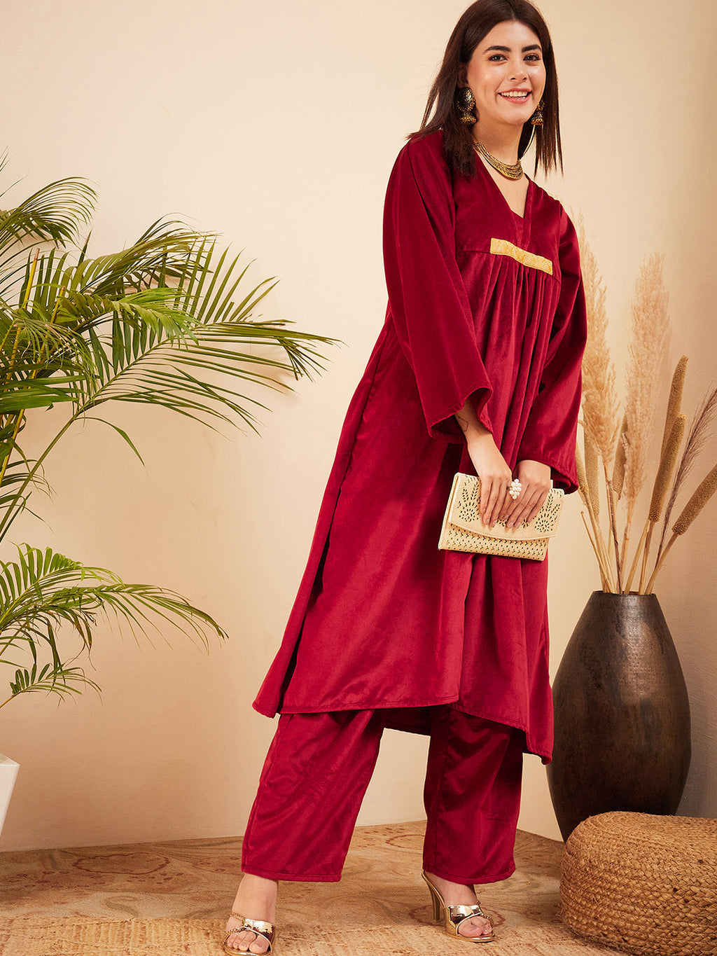 InWeave Women's Barn Red V Neck Asymmetrical Pleated Velvet Kurta Set