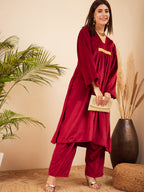 InWeave Women's Barn Red V Neck Asymmetrical Pleated Velvet Kurta Set