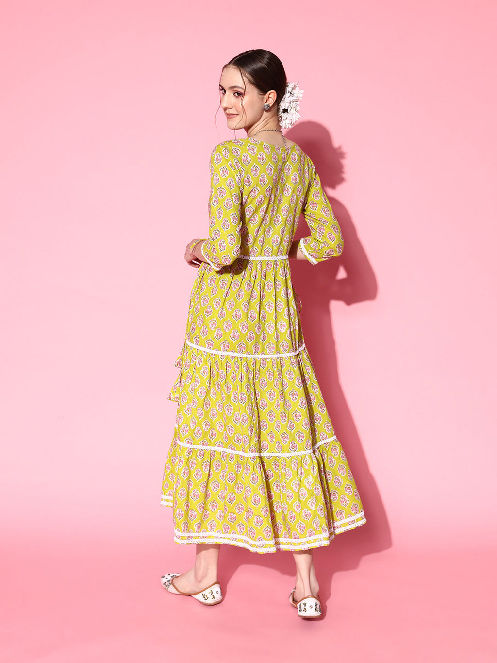 InWeave Women's Yellow Floral Print Tiered Dress With Lace - Distacart