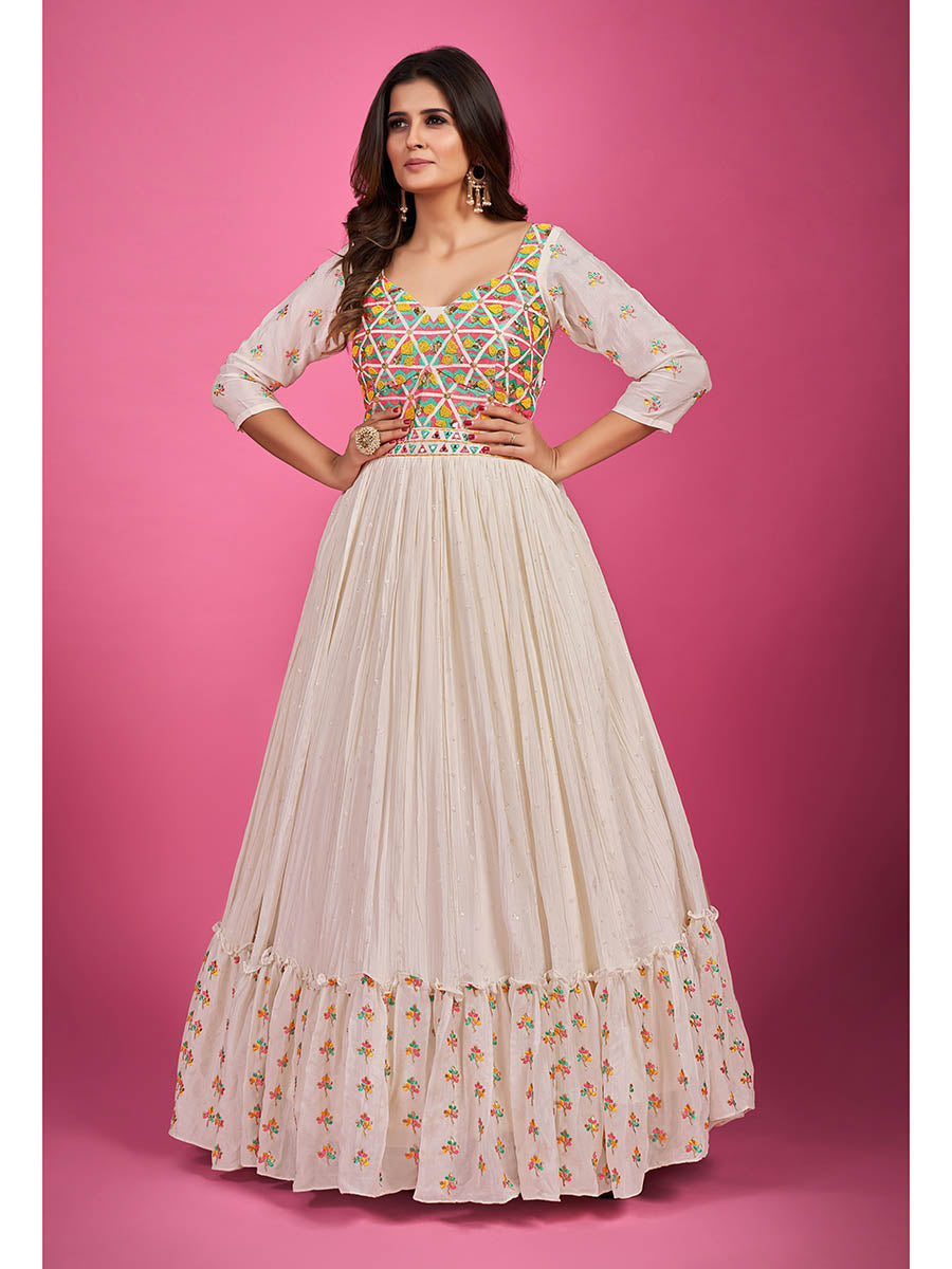 Myra White Chinon Silk Embroidered Gown - Distacart