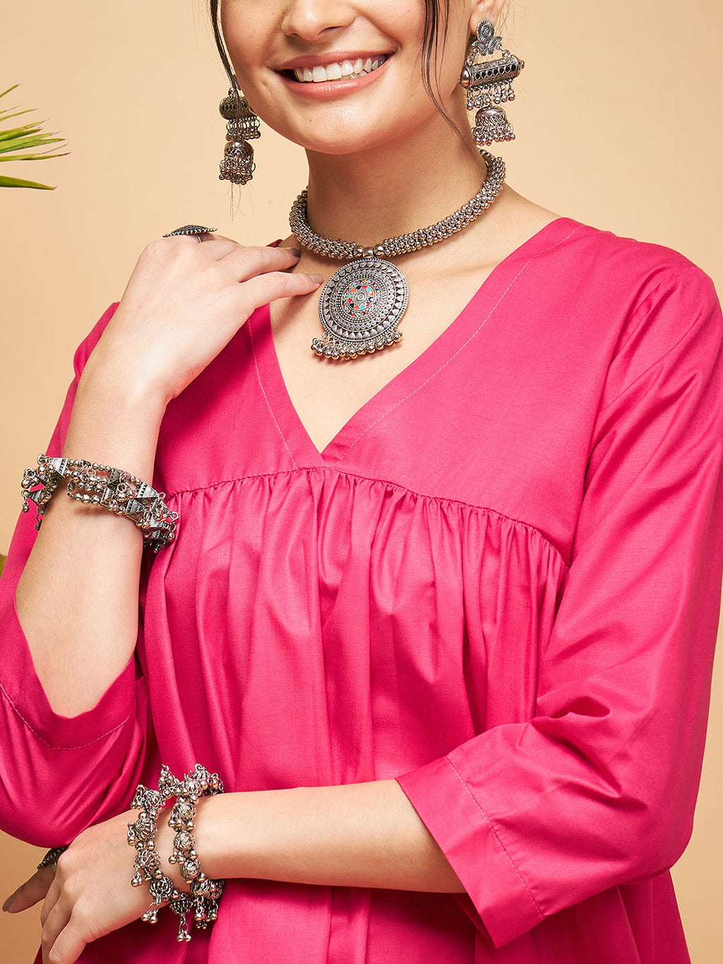 InWeave Women's Fuchsia Flared Kurta Palazzo Set