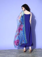 InWeave Women's Strappy Set In Ink Blue With Blue  Fuschia Floral Organza Dupatta