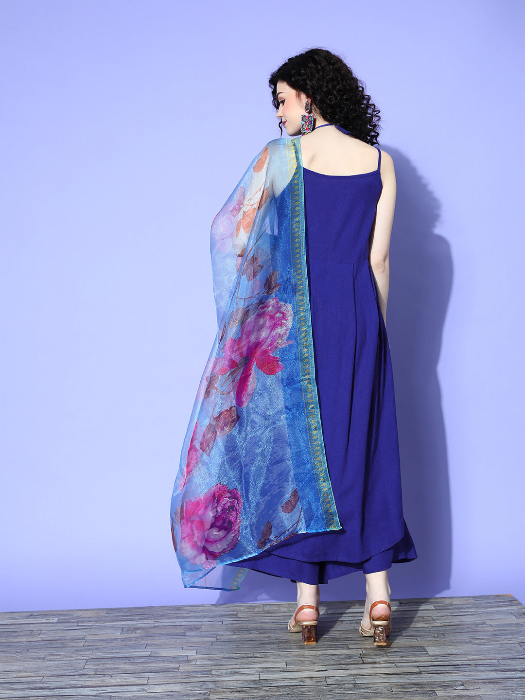 InWeave Women's Strappy Set In Ink Blue With Blue  Fuschia Floral Organza Dupatta