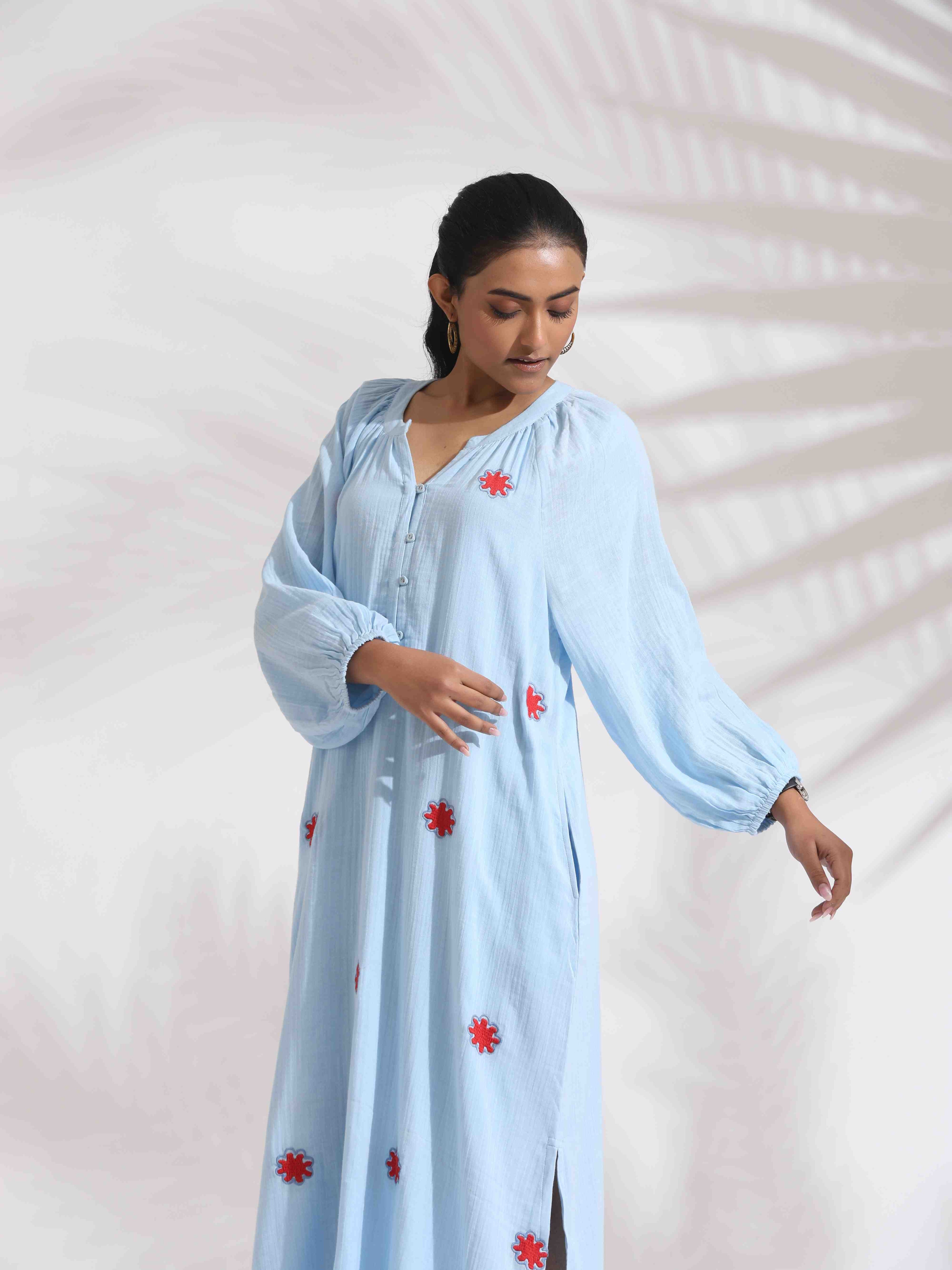 trueBrowns Blue Cotton Embroidered Dress - Distacart