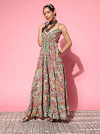 InWeave Women's Green Paisley Print Back Detail Long Dress - Distacart