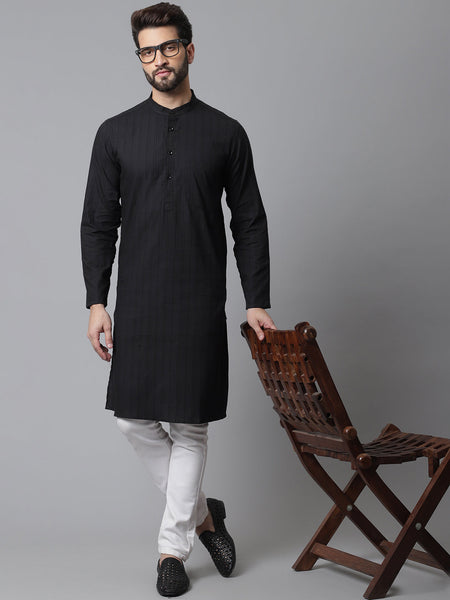 Even Apparels Black Striped Kurta With Band Collar