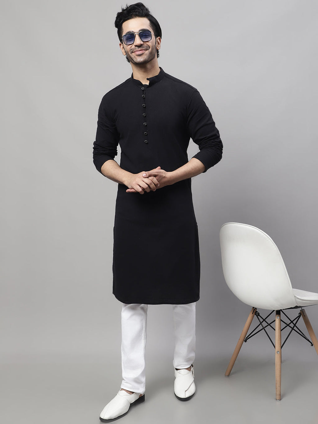 Even Apparels Black Pure Cotton Kurta With Band Collar