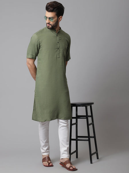 Even Apparels Green Pure Cotton Kurta With Band Collar
