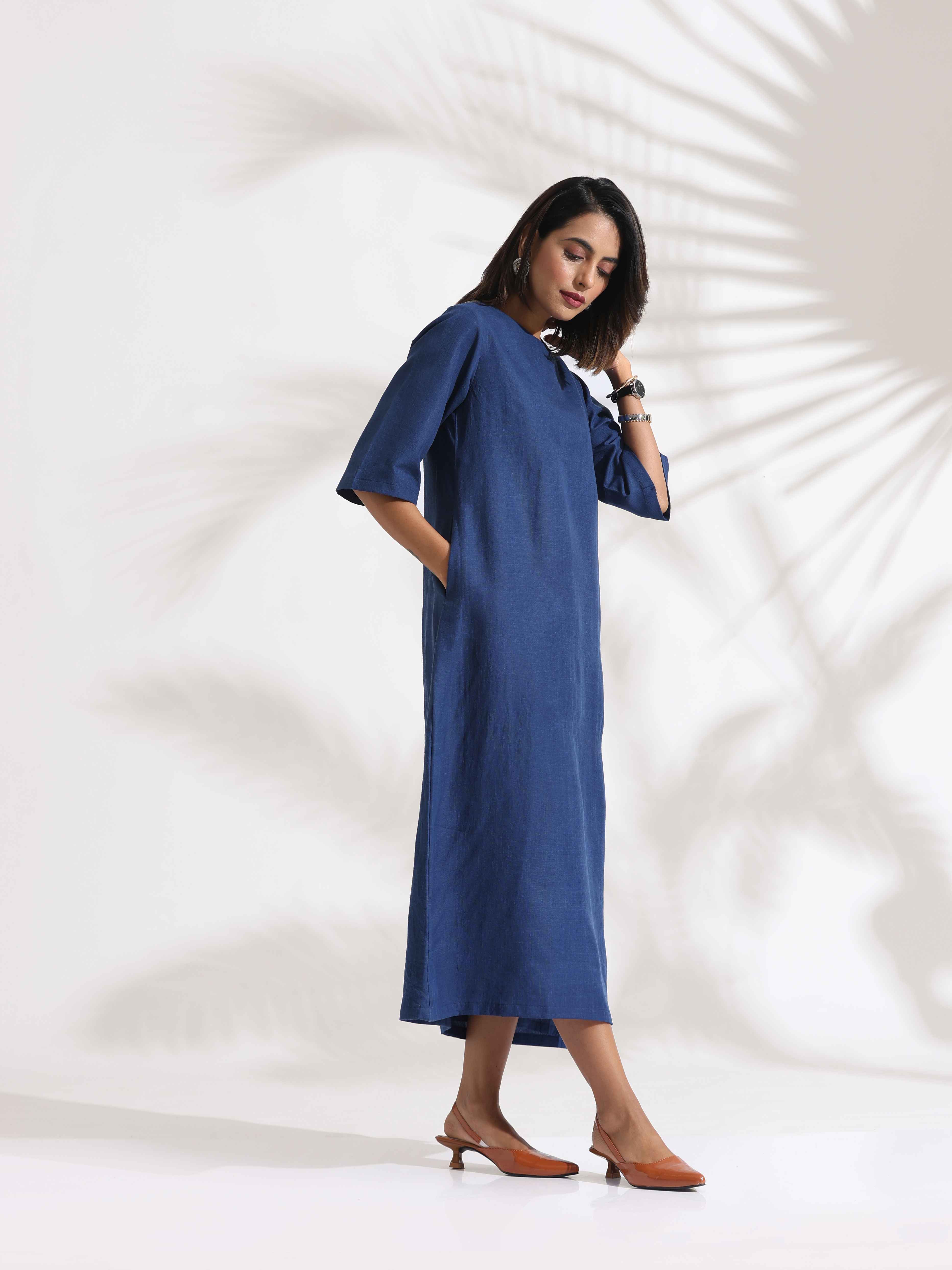 trueBrowns Blue Slub Dress - Distacart
