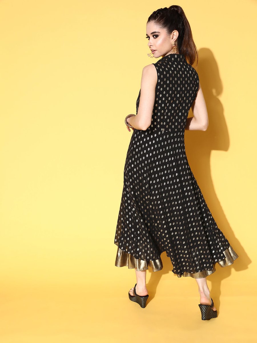 Ahalyaa Black Georgette Ethnic Motifs Printed Shirt-Collar Midi Fit & Flare Ethnic Dress - Distacart