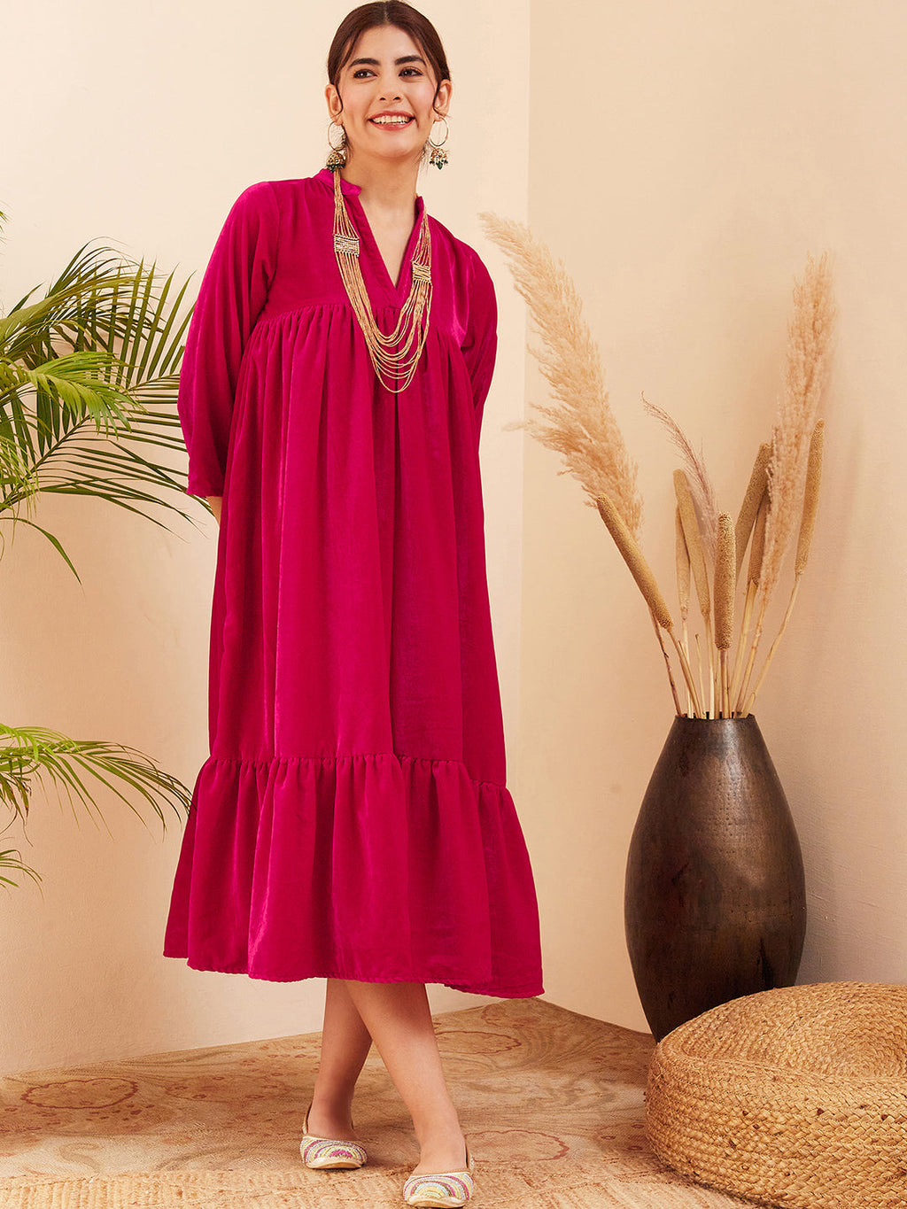InWeave Women's Fuchsia Velvet Manderia V Neck Flared Dress - Distacart