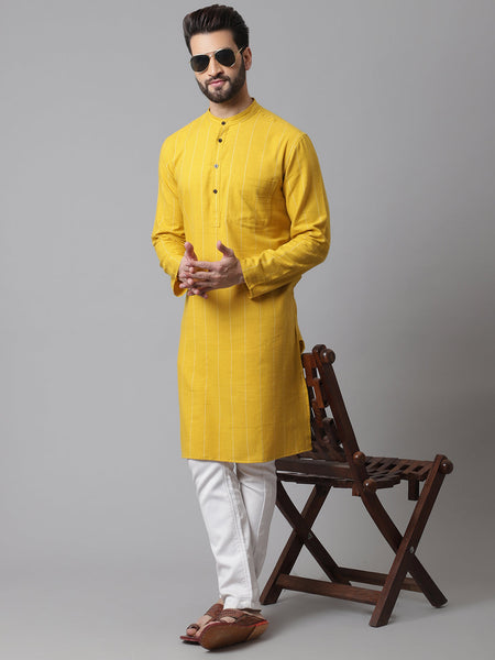 Even Apparels Yellow Pure Cotton Kurta With Band Collar