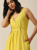 trueBrowns Lime Slub Texture Sleeveless Wrap Dress - Distacart