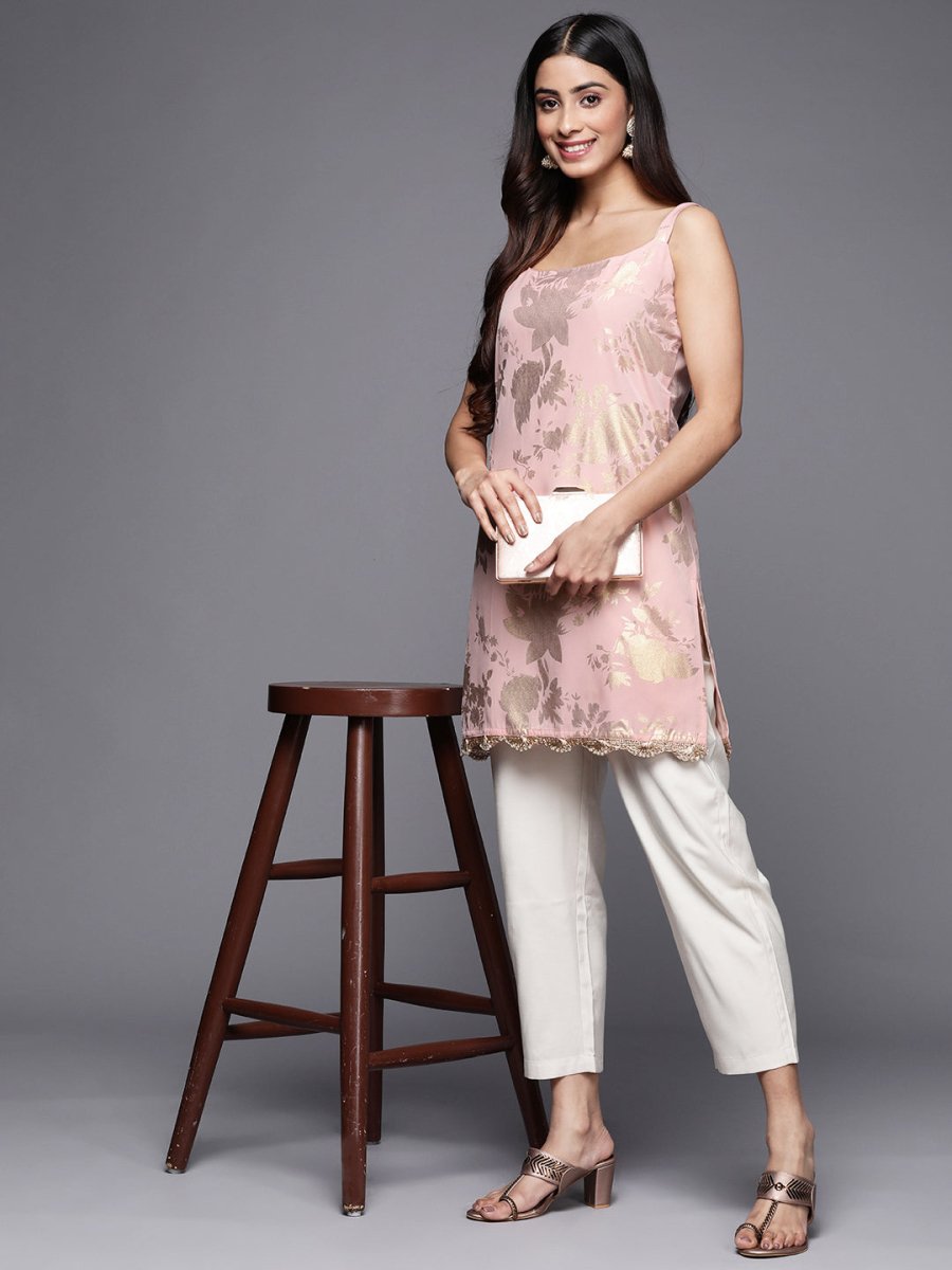 Ahalyaa Square Neck Printed Crepe Tunic With Lace Inserts