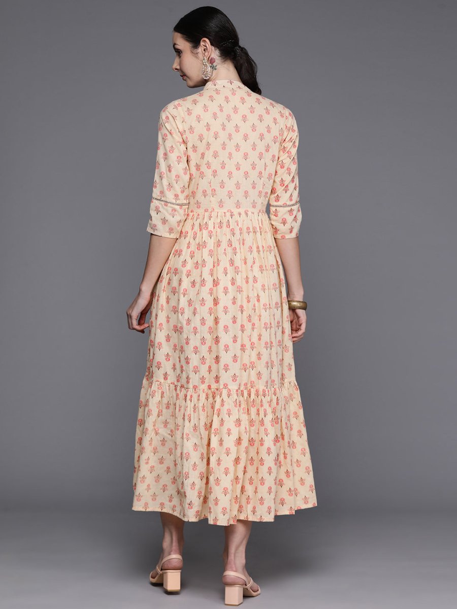 Ahalyaa Floral Print Mandarin Collar Tiered Midi Pure Cotton Ethnic Dress - Distacart