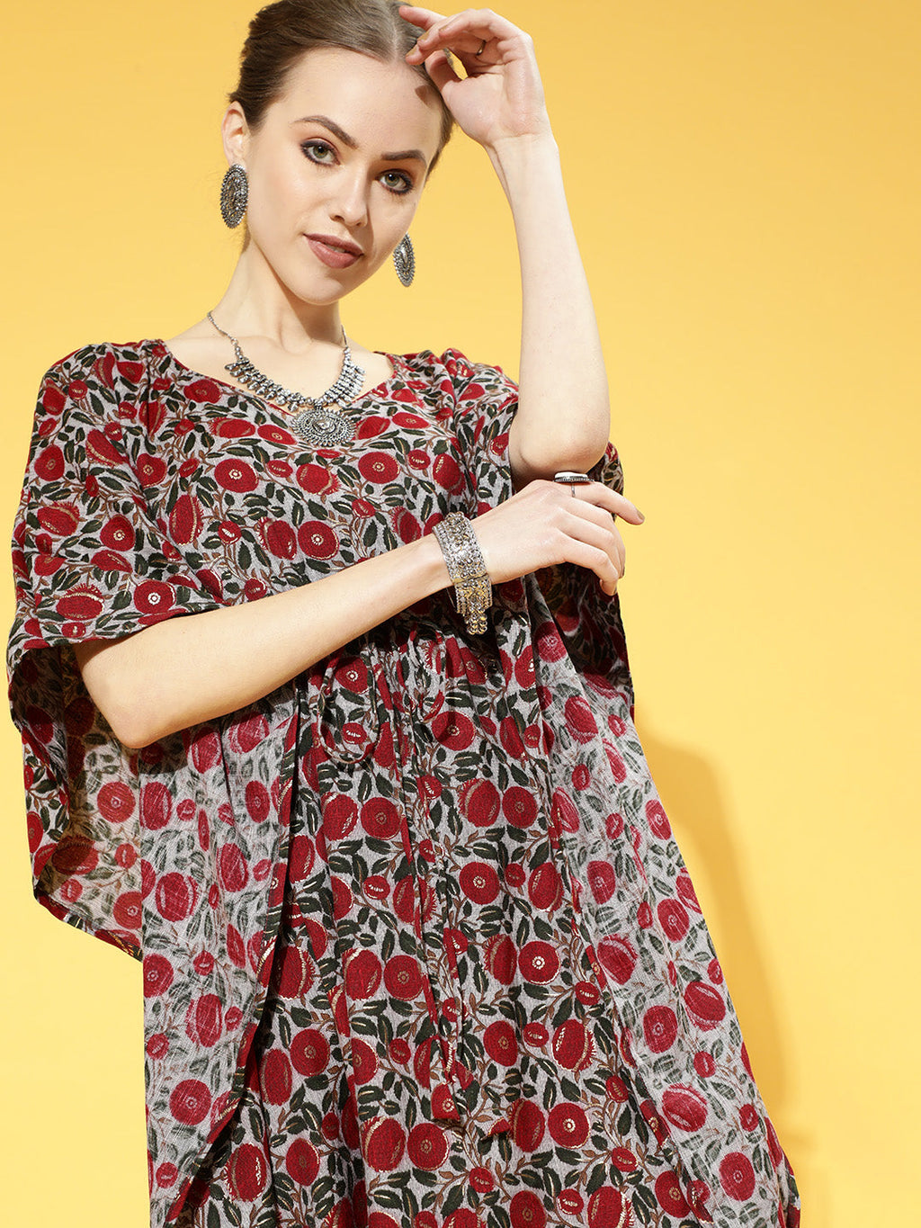 InWeave Women's Maroon Floral Jaal Print Kaftan Dress - Distacart