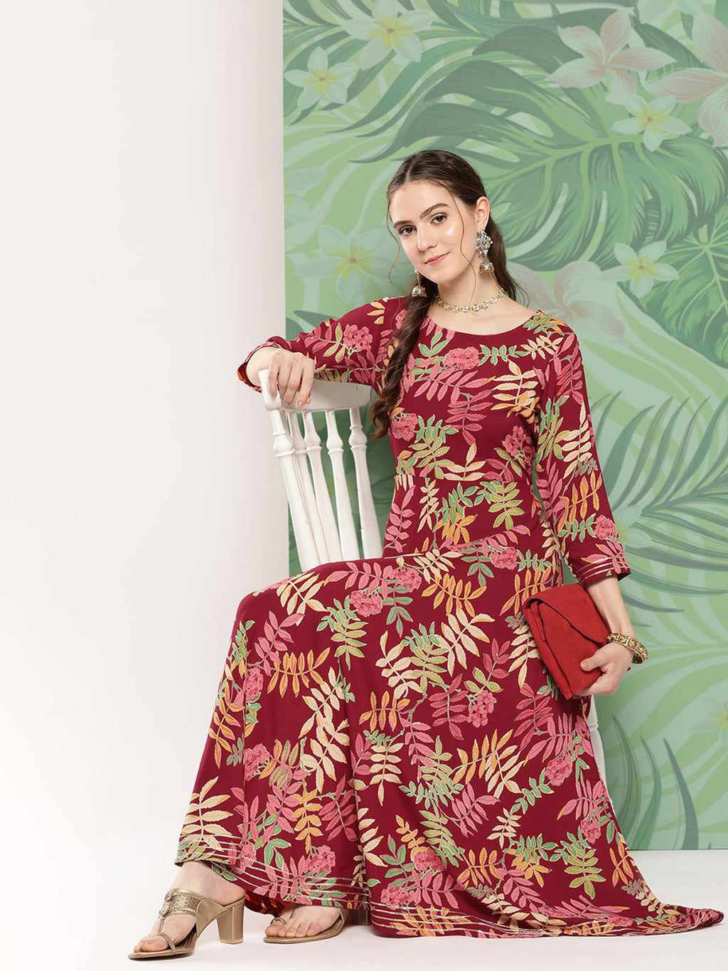 InWeave Women's Red Tropical Print Gota Long Dress - Distacart