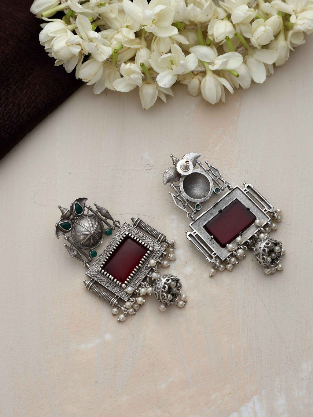 trueBrowns Silver Tone Red Stone Dangle Earrings - Distacart