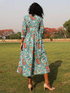 trueBrowns Teal Cotton Block Print Wrap Dress - Distacart