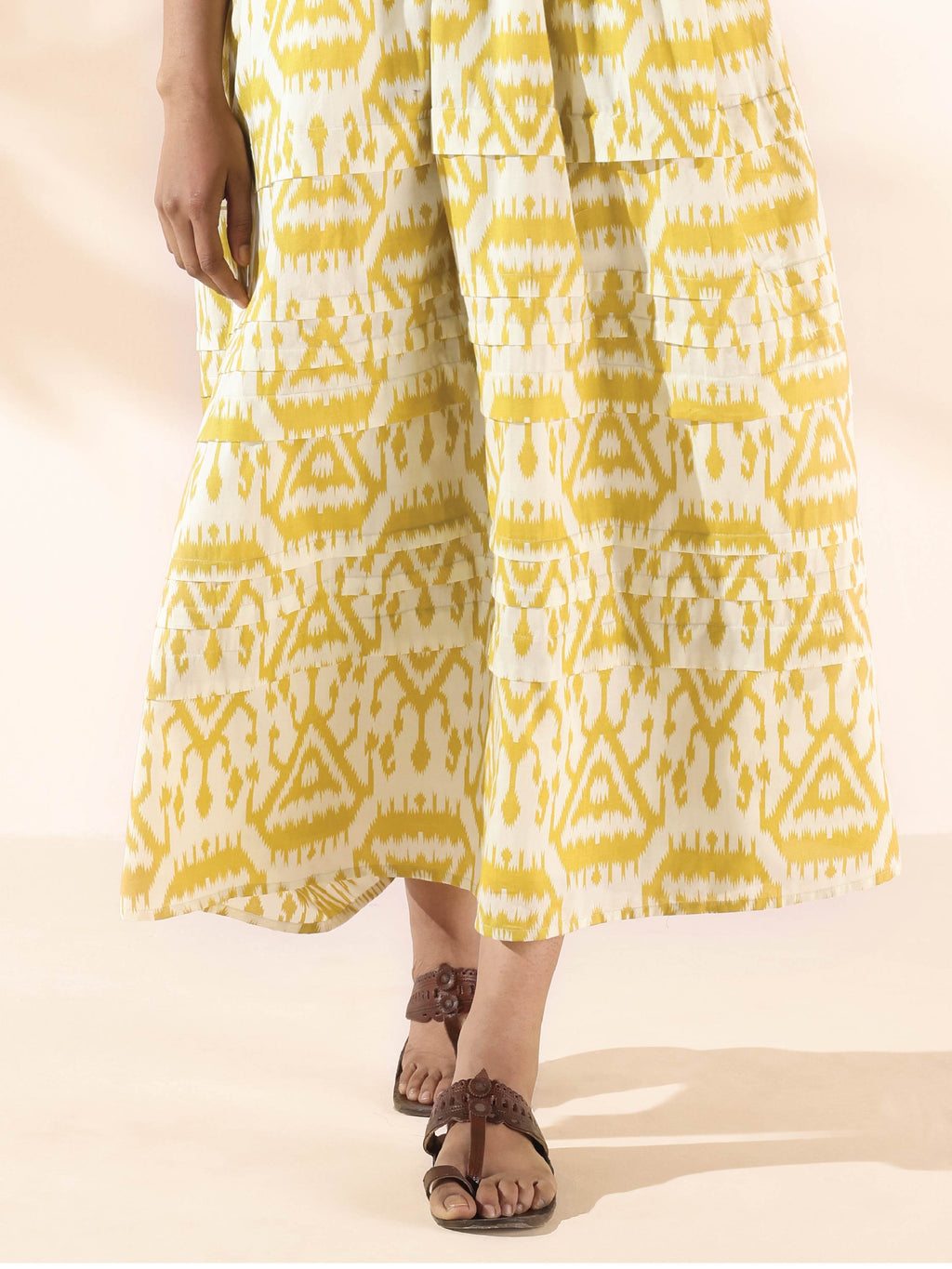 trueBrowns Lime Cotton Ikat Sleeveless Flared Dress - Distacart