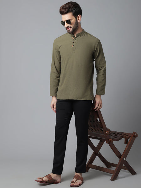 Indian Clothing Even Apparels Green Pure Cotton Kurta With Band Collar