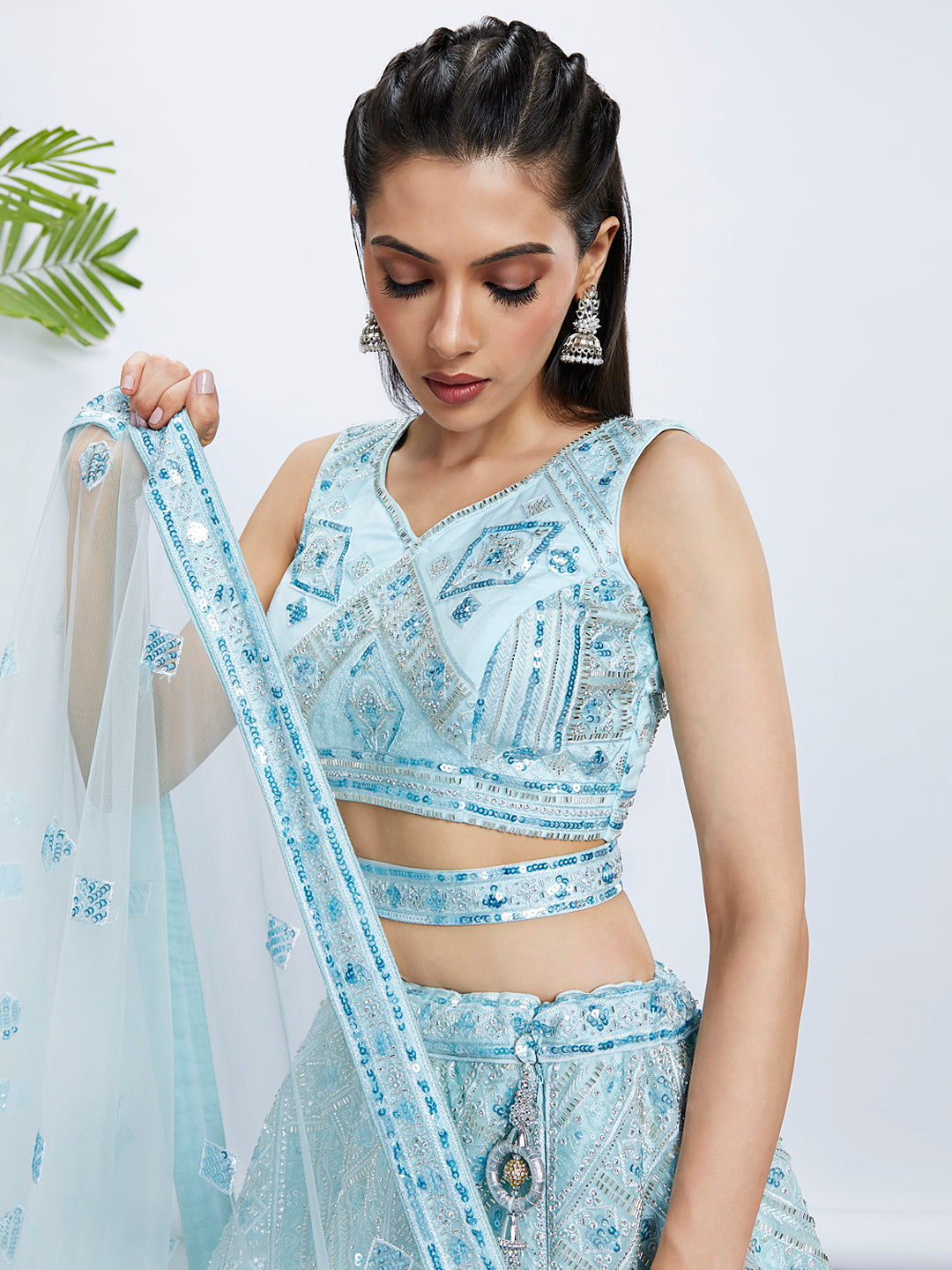 House of Panchhi Burgundy Chiffon Position Print With Sequins Embroidery Lehenga Choli & Dupatta