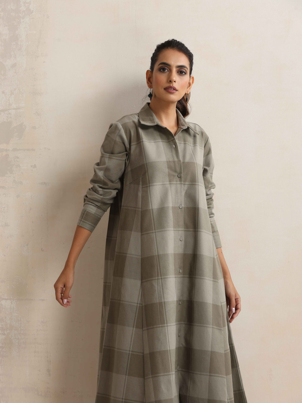 trueBrowns Green Check Flared Winter Dress - Distacart