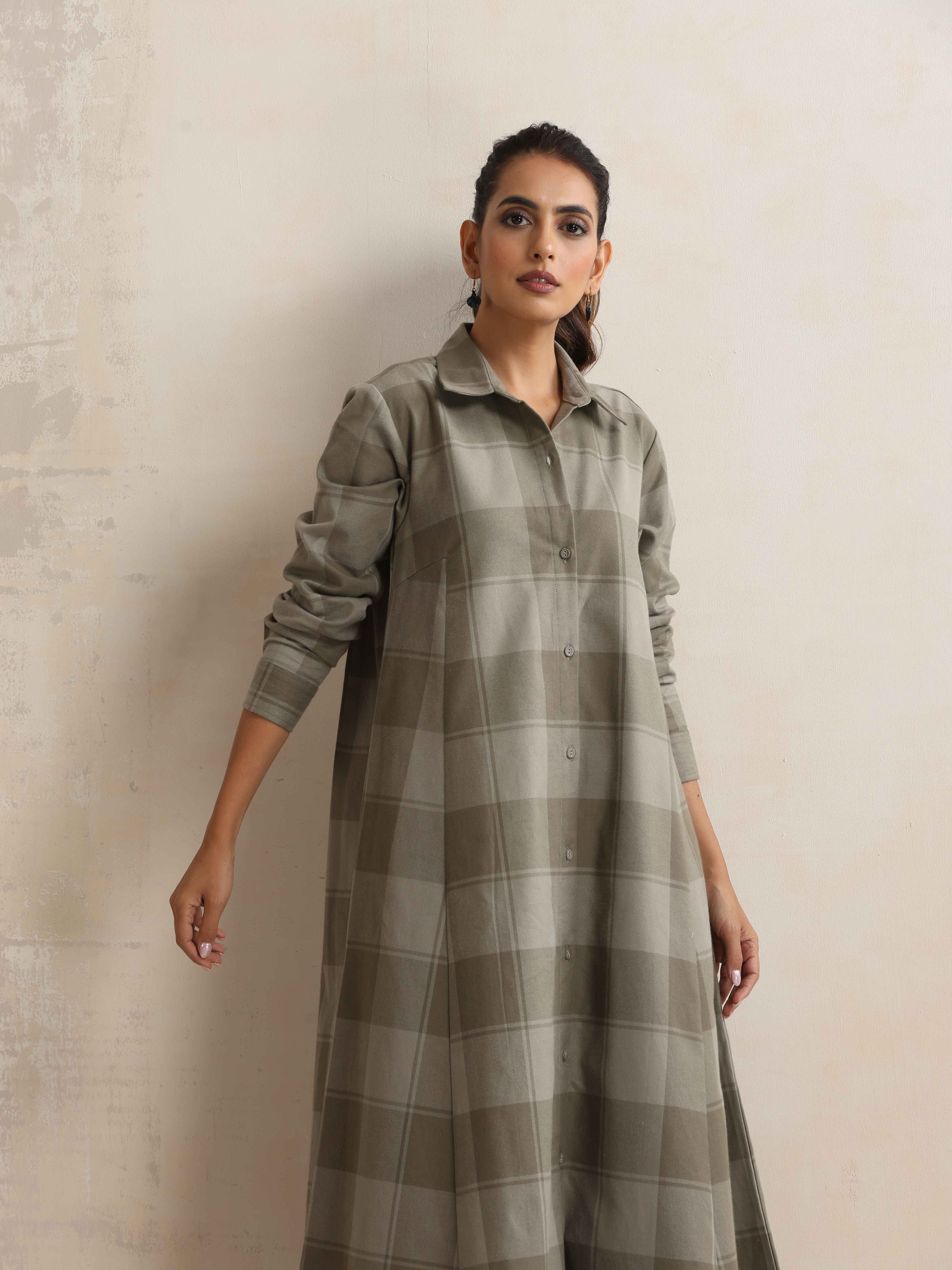 trueBrowns Green Check Flared Winter Dress - Distacart