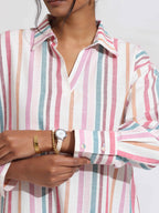 trueBrowns Off-White Cotton Multi Stripe A-line Kurta Set - Distacart