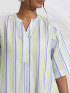 trueBrowns White Cotton Multi Stripe Flared Kurta Set - Distacart