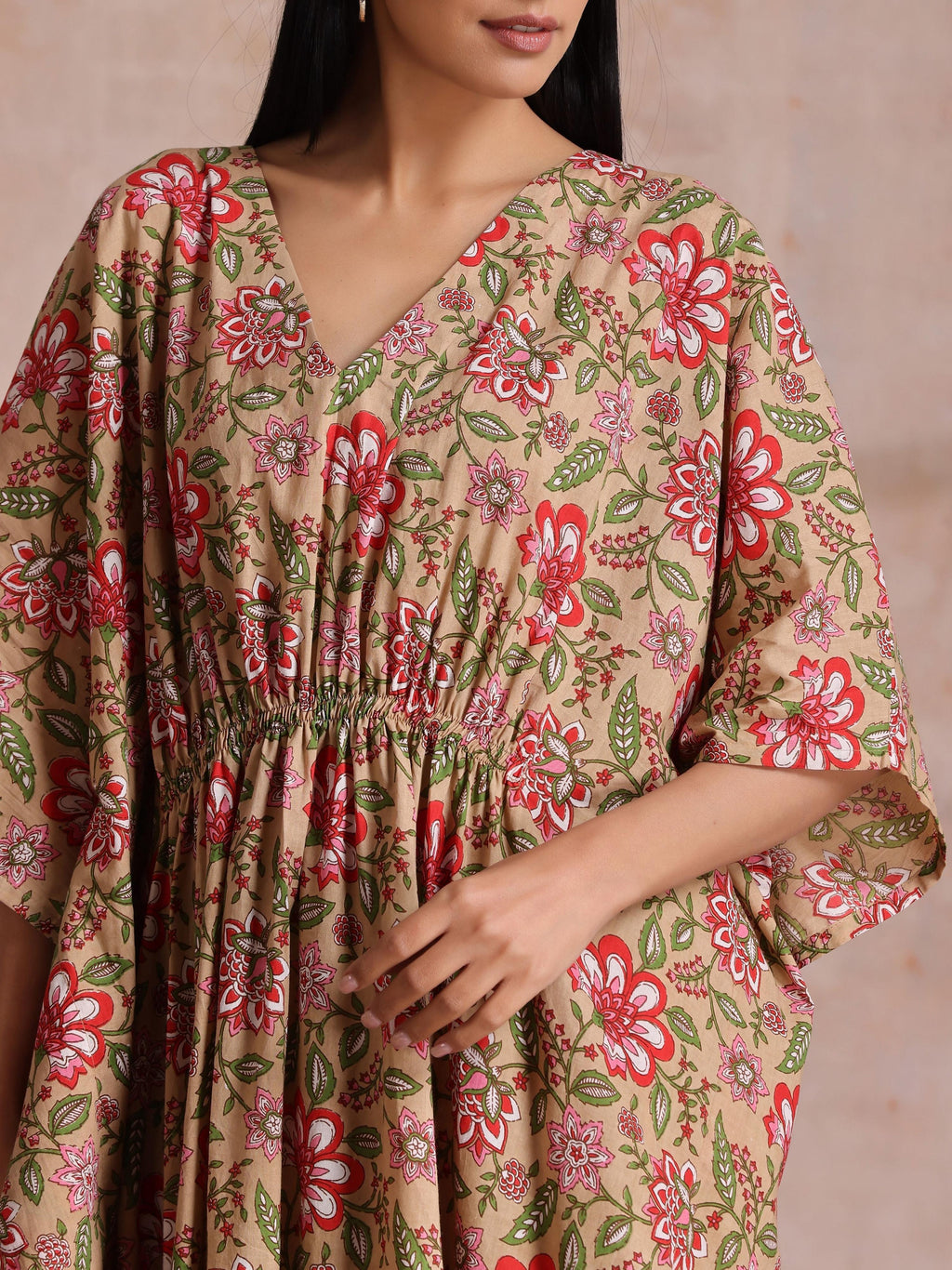 trueBrowns Beige Overall Big Floral Block Print Cotton Kaftan Dress - Distacart