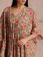 trueBrowns Beige Overall Big Floral Block Print Cotton Kaftan Dress - Distacart