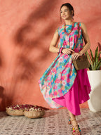 InWeave Blue Floral Fuchsia Asymmetrical Dress - Distacart